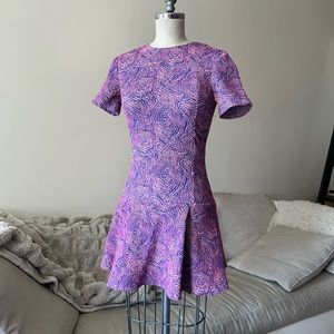 stunning unique opening ceremony mini dress with elaborate pink and blue pattern